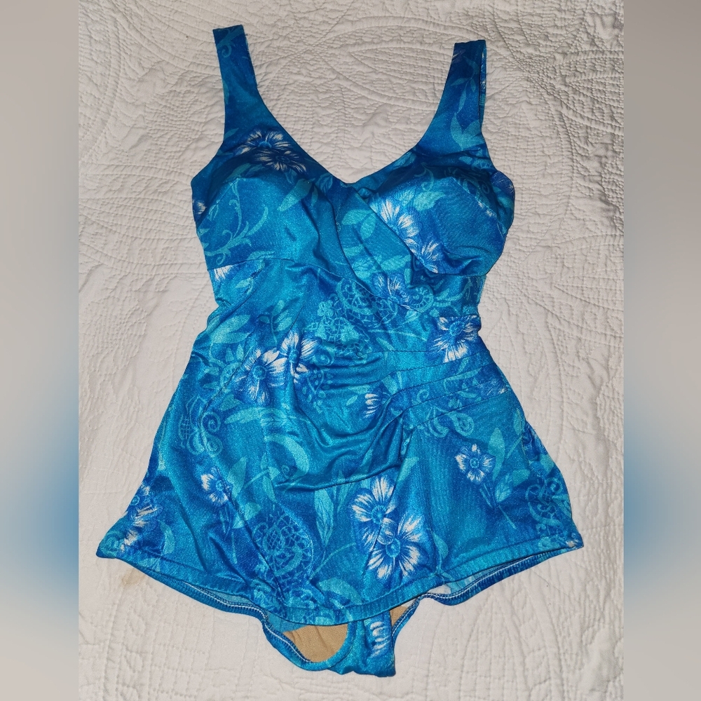 Vintage  1970s Blue Tropical Flower V-Neck One-Piece Swimsuit